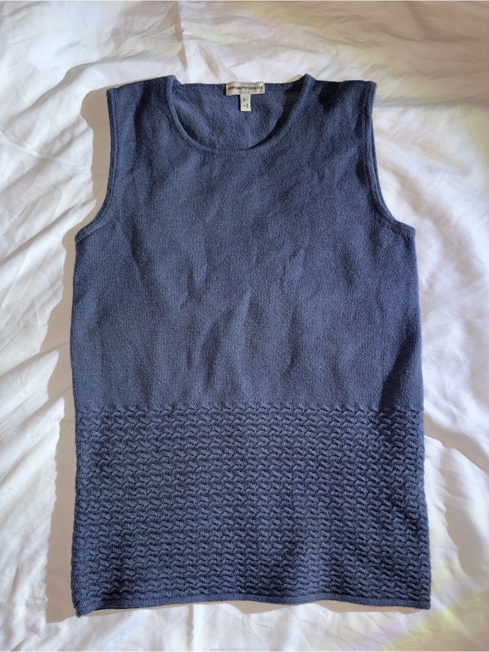 Emporio Armani Dark Blue Sleeveless Knit Shell with Textured Hem